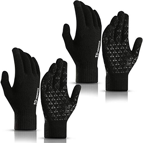 TRENDOUX Gloves for Men, Winter Touch Screen Knit Glove for Women - Fit for Typing Phone - Non-Slip Grip - Thermal Liners - Stretchy Material - Fit for Running Driving Riding - Two Pairs Black - XL