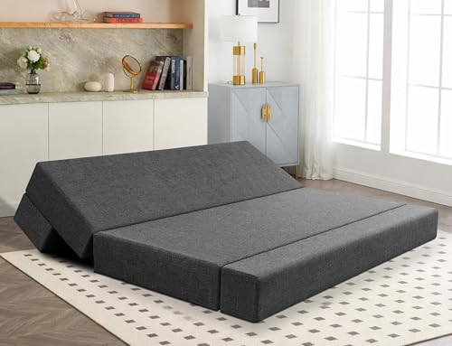 Image of Los Angeles Foldable Three Seater Sofa Cum Bed, Sofa Bed 5 X 6 Feet Jute Fabric Washable Cover- Including Cushion Perfect for Living Room & Office,Guest Room - Black Color