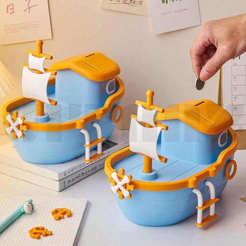 Image of Pirate Ship Piggy Bank Kids Money Saving Bank Plastic Coin Bank Money Bank with Key Coin Saving Box Money Saving Box Tabletop Decoration Money Jar Creative Gifts.
