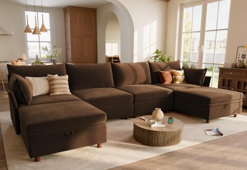 ABCASA 134.6" U Shaped Modular Sectional Couch with Removable Cover, 6 Seater Deep Seat Sofa with Storage Ottoman for Living Room, Pet-Friendly Velvet, Brown