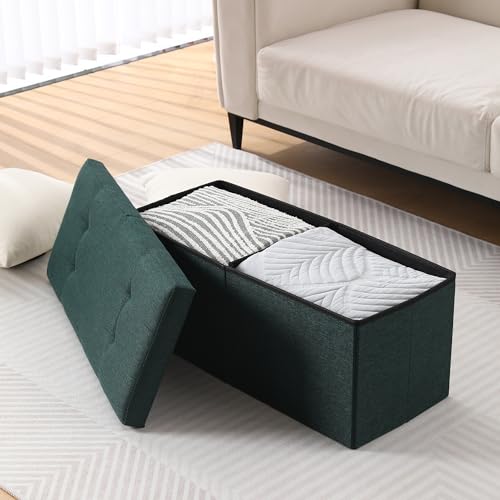 Image of Storage Ottoman Bench Foldable Footrest Foot Stool, 30 inch Fabric Green | Small Ottoman Foot Rest Seat Shoe Bench Flip-Top forliving Room End of Bed Bedroom Couch Dorm, 80L Folding Upholstered Chair