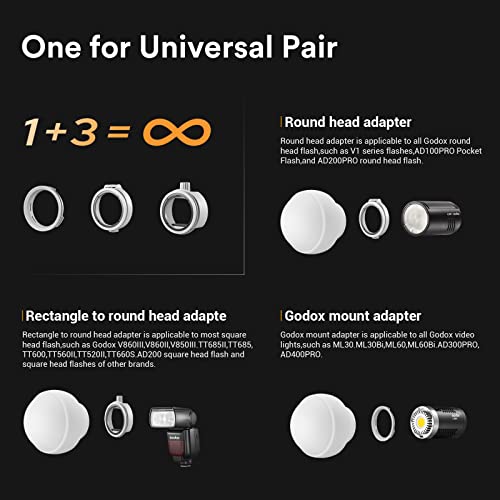 Image of Godox ML-CD15 Diffusion Dome w /3 adapters, Flash Light Diffuser, Fit for Godox V1 Pro V1 AD100 Pro AD200Pro AD300Pro AD400Pro V860III V860II V850III TT685II TT600 TT600S AD200 ML60II Bi ML30 ML60, etc