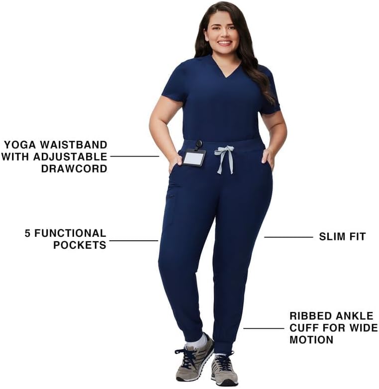 Kitmaz Scrub Pants for Women - Mid Rise 4-Way Stretch Anti-Wrinkle Slim Fit Jogger Pants, Drawstring & 5 Pockets Navy Blue