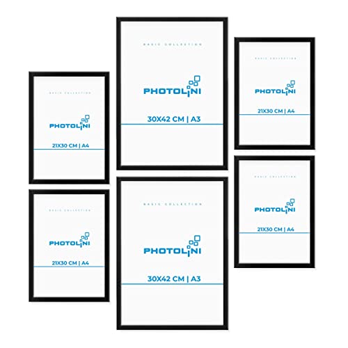 PHOTOLINI 6er Set Poster-Bilderrahmen 2X 30x42 cm/DIN A3 und 4X 21x30 cm/DIN A4 Schwarz Modern aus MDF mit Acrylglas | Posterrahmen | Fotorahmen Cover