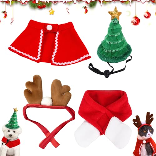 Costume Animali Natale, 4 pezzi Vestiti per Cani Natal, Vestiti Accessori Natalizi per Animali Domestici, cappello di Babbo Natale, sciarpa regolabile, corna, per cani, gatti