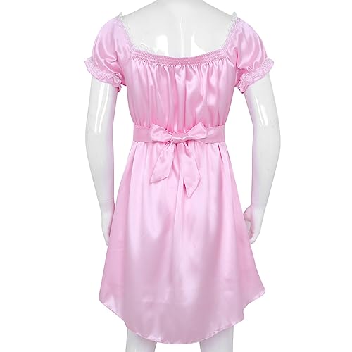 Men's Girly Nightdress Shiny Satin Lingerie Puff Sleeve Dress Sissy Cross Dresser Nightwear3