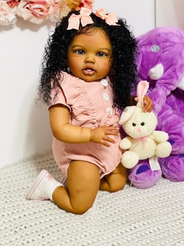 Pinky Reborn 24 Inch 60cm Realistic Reborn Baby Doll Mixed Race Black Girl Toddler Biracial African American Chubby Reborn Doll with Hair Ultra Lifelike Baby Doll for Kids & Collectors