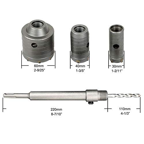 Concrete Hole Saw Kits, Tungsten Steel Sds Plus Shank Wall Hole Cutter Cement Stone Drill Bit Sets 1-2/11, 1-3/5, 2-4/5 Inch(30, 40, 60Mm), With 8-7/10 Inch(220Mm) Connecting Rod, 3 Center Drill Bits #TOP1