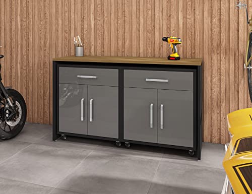 Image of Manhattan Comfort Eiffel Garage Work Station Cabinet Organizers and Storage, Set of 3, Matte Black and Grey