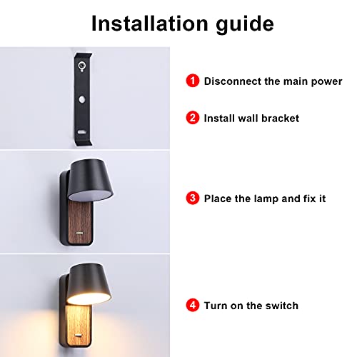 BarcelonaLED Applique murale LED de lecture noire avec interrupteur sur base en bois Spot orientable 6 W 2700 K pour lit tête de salon - Image 8