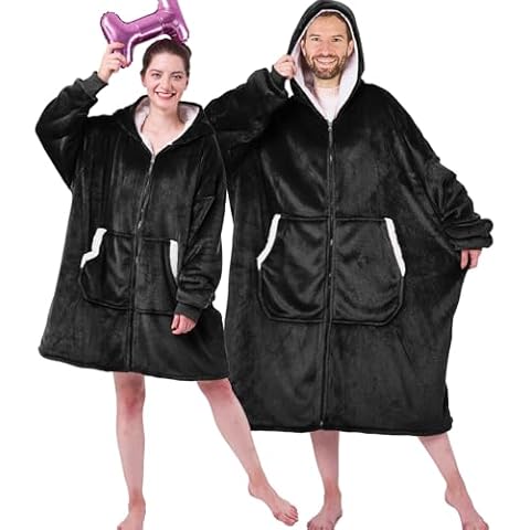 JOYWOO Wearable Blanket Hoodie, Oversized Hooded Blanket for Adult, Birthday Christmas Gifts for Women Men, Cozy Fuzzy Sherpa Sweatshirt Blanket with Giant Pocket and Zipper, Black Cover