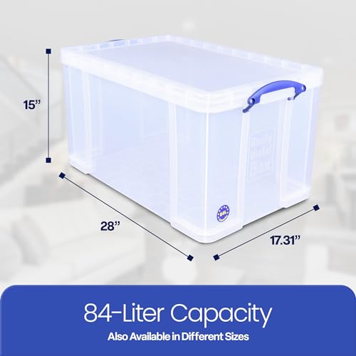 Image of Really Useful Box 84 Liters Storage Container with Snap Lid and Clip Lock Handle for Lidded Home and Item Storage Bins, 4 Pack, Clear