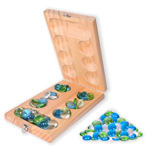 Elbow Room Games Mancala Set, Folding Wooden Board with 48 Glass Stones in Blue, Green, and White, Portable Travel Design, Classic Strategy Game for 2 Players - image 1