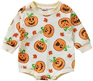 Joy2fitt Infant Halloween Pumpkin Romper Newborn Girls Cotton Bodysuit Crewneck Long Sleeve Onesies for Baby Boy Fall Clothes 12-18M