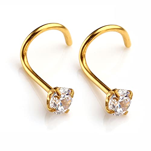 JSDDE 2pcs 20G Curved Nose Studs Stainless Steel Cubic Zircon Nose Ring Body Piercing Gold