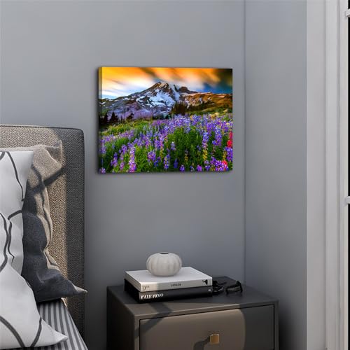 Image of Mt Rainier Mountain Wall Art Sunset Nature Picture Canvas Prints for Living Room Modern Office Home Decor Natural Poster Purple Wildflower Scenic Painting Wilderness Artwork Bedroom Decoration 12x16 inch