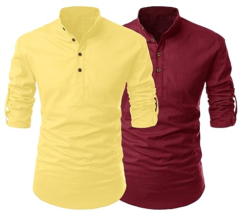 Image of FINIVO FASHION Combo of Men's Cotton Blend Solid Regular Fit Full Sleeve Straight Short Kurta Shirt, Casual and Formal Wear