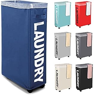 IHOMAGIC Slim Rolling Laundry Basket with wheel, Rectangle Storage Hamper - Thin Laundry Basket Corner Fittable Laundry Bin Flexible Laundry Sorter For Dormitory, Hotel, 39x18.5x58cm 41L, Light Gray