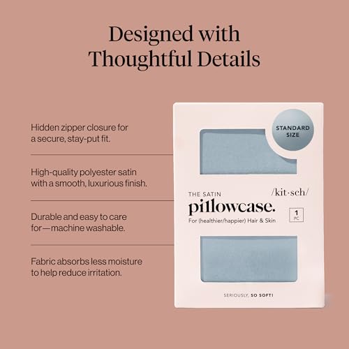Image of Kitsch Satin Pillowcase with Zipper for Hair & Skin - Softer Than Silk Pillow Cases, Smooth Cooling Satin Pillow Case, Wrinkle-Free, Machine Washable - Pillow Cases Standard Size (19x26) - Haze Blue