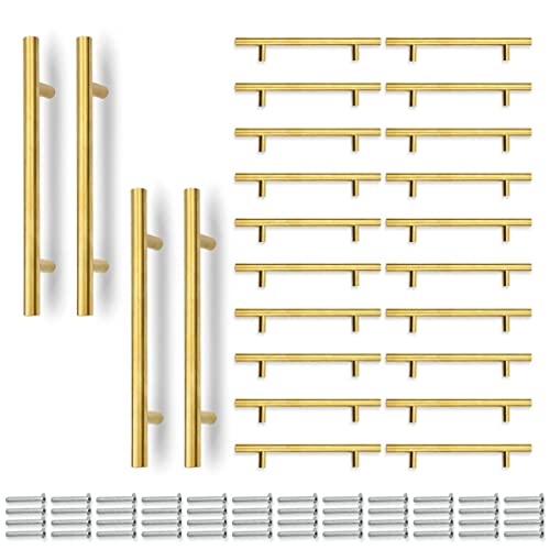 Bwintech 24 Pcs 150MM (96MM Hole Center) Gold Cabinet Pull Handles Kitchen T Bar Handles, Stainless Steel