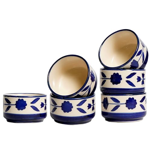 Image of Handpainted Floral Studio Pottery Ceramic Chutney Round Bowl /Pickle Bowl /Sauce Bowl /Dip Bowl /Small Katori Set (40 ML, Small, Set of 6, Blue and Blackand Off White)