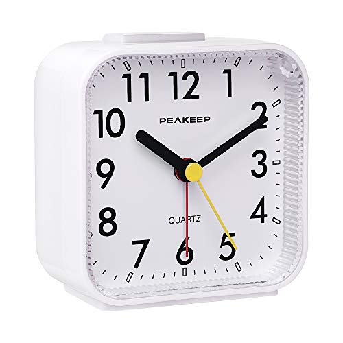 Image of Peakeep Small Battery Operated Analog Travel Alarm Clock Silent | No Ticking, Lighted on Demand and Snooze, Beep Sounds, Gentle Wake, Ascending Alarm, Easy Set (White)