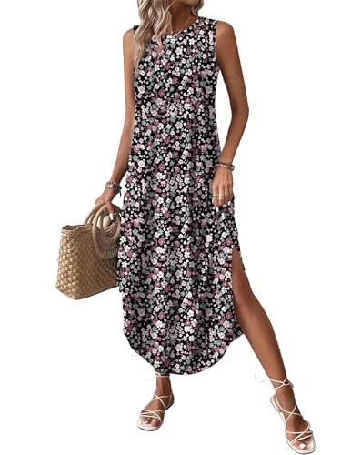 Image of Zeagoo Women Floral Summer Casual Beach Printed Tank Dress with Pockets Pleated Front Long Dress