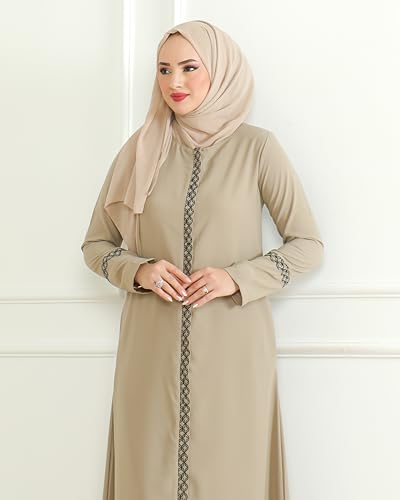 Image of istanbul styles Embroidered Sleeves Abaya with Side Zipper Embroidery Long Sleeve Floor Length Turkish Abaya for Women
