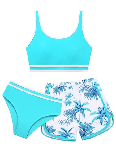 URMAGIC Girls 3 Piece Swimsuits Bathing Suit Cross Color Matching Bikini Set with Shorts Kids Surfing Beach Swimwear
