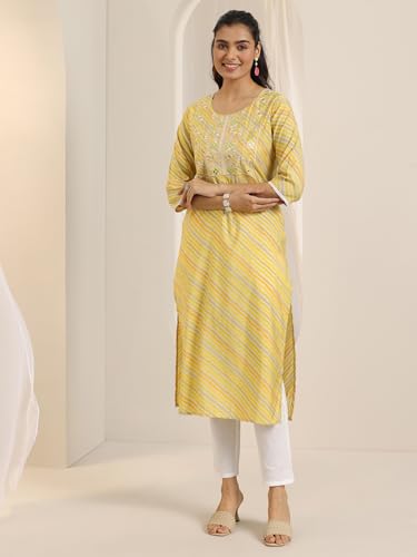 Image of Libas Womens Printed Silk Blend Straight Kurta for Women