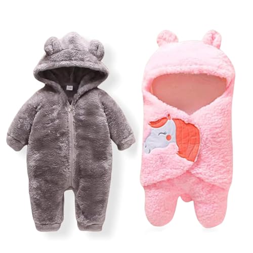 Image of BABYZONE Baby Bear Hooded Fleece Romper and Swaddle Wrap Set, Plush Teddy Design, Brown (2, Grey&Pink, Baby)