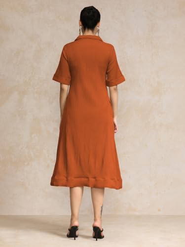 Image of Varanga Women Beige A -line Calf Length Dress Featuring Classic Shirt Collar and Short Sleeves which offering Comfort and Ease
