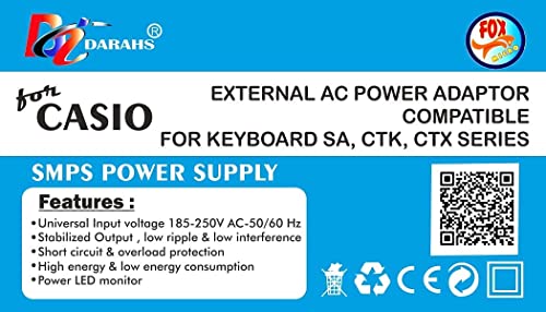 Image of FOXMICRO 9.5V Ac Adapter Charger Power Supply Compatible For Casio Synthesizer Keyboard -Sa-46, Sa-47, Sa-76, Sa-77, Sa-778 Ade95 Ade95100, Black