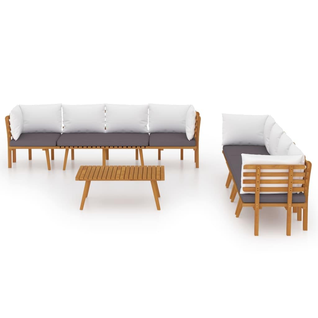 8-cz. komplet mebli ogrodowych z litego drewna akacjowego, zestaw wypoczynkowy z grubymi poduszkami, rustykalny design listew na patio, taras lub ogród