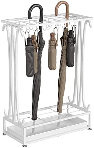 AcornFort U-23 Extra LARGE White Metal 21 Holes Rectangle Style Umbrella Stand Walking Stick Holder With 24 Hooks and a Free Bottom Rainwater Leaking Tray 70 * 50 * 24 CM