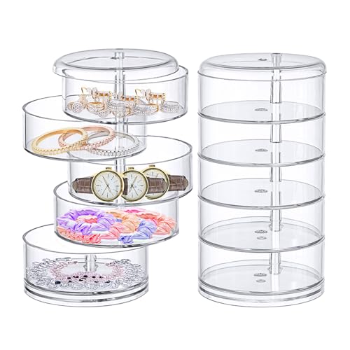 Caja organizadora giratoria de almacenamiento de joyas para aretes, accesorios para el cabello y suministros de belleza, aretes, collares, pulseras (transparente, 5 capas)