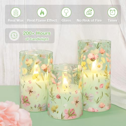 Image of Flameless Candles with Remote Timer, Glass Battery Operated LED Candles, Green Floral Design, Cylindrical Shape, Set of 3 for Home Party Wedding Decor