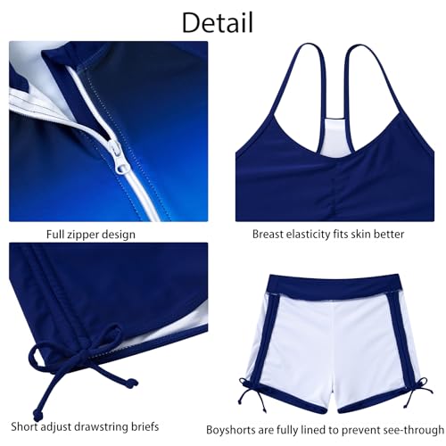 Image of Funnycokid Girls Swimsuit 3 Pieces Zip Rash Guard Bathing Suits Set Kids Bikini Boyshort Summer Swimwear 3-14 Years