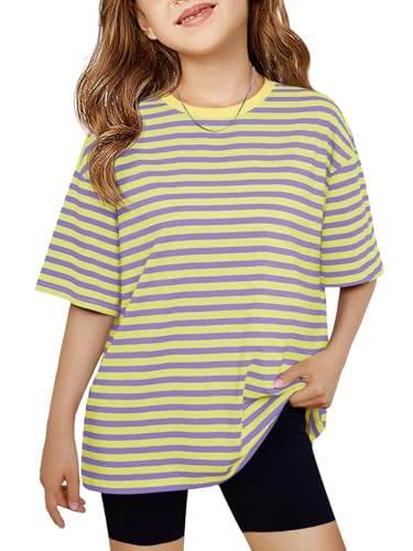 Image of Haloumoning Girls Striped Short Sleeve T Shirts Kids Summer Oversized Tops Casual Crewneck Tees 5-14 Years