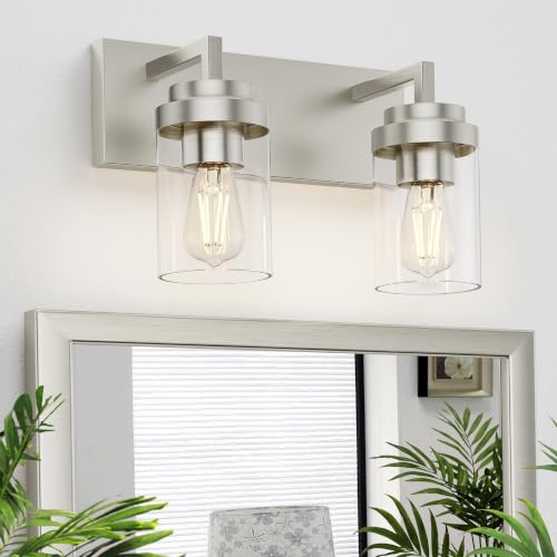 Image of Bathroom Vanity Fixtures, 2 Light Matte Nickel Vanity Light with Clear Glass Shade, 15in Farmhouse wall Light, Lighting Fixture Over Mirror for Bathroom