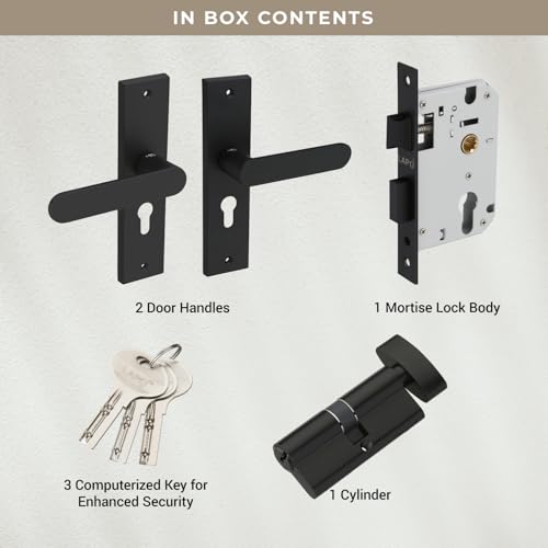 Image of LAPO Mortise Lock Set Assembly for Front Door, 45x45mm Lock Body, Black Finish, Supports 30-50mm Door Range, 60mm Cylinder, 3 Brass Keys, Left-Right Fitment, 3 Year Warranty, Cy-180