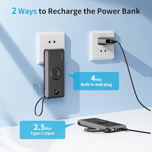 Image of Portable Charger Built-in Cables, AC Wall Plug and Magnetic Wireless iWatch Charger, 10000mAh 22.5W PD Fast Charging Power Bank, Compact Battery Pack Travel Essentials for iPhone /Samsung /Apple Watch
