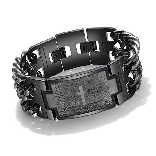 Image of Young & Forever Titanium Steel Cuban Link Chain ID Bar Bracelet for Men and Boys | Bold Punk Style Hand Band Kada | Plain and Religious Cross Engraved Matte Black & Metallic Silver Style Options