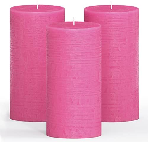 CANDWAX 3x6 Pillar Candles Set of 3 - Decorative Rustic Candles Unscented and Valentines Candles - Ideal as Wedding Candles or Large Candles for Home Interior - Hot Pink Candles
