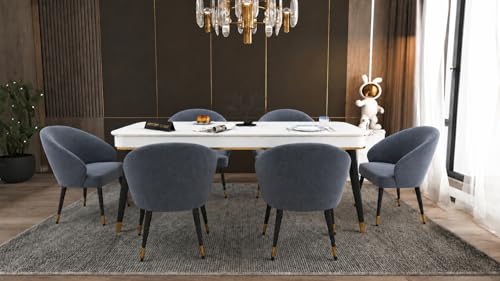 Image of WOODEN SPACE 6-Seater Wooden Dining Table Set | Nano Composite Marble Top | Solid Wood Base | Modern Dining Room Furniture with 6 Chairs (Modern Classic Dark Grey)