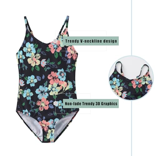 Image of Girls One Piece Swimsuits Hawaiian Floral Bathing Suit for Kids Adjustable Straps Swimwear 3-16 Years