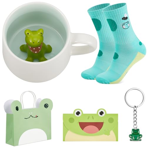 Nuenen 5 Pcs Frog Gifts Friend Including 13.5 oz Frog Coffee Mug Frog Keyring Frog Pattern Socks Frog Greeting Card Frog Party Paper Bags for Christmas Birthday Decorations Party Favors Mother