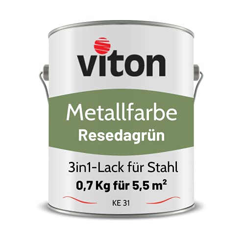 Viton Metallfarbe in Hellgrün - 0,7 Kg Metall-Schutzlack Seidenmatt - Dauerhafter Schutz & hohe Beständigkeit - 3in1 Grundierung & Deckfarbe - Metalllack direkt auf Rost - KE31 - RAL 6011 Resedagrün