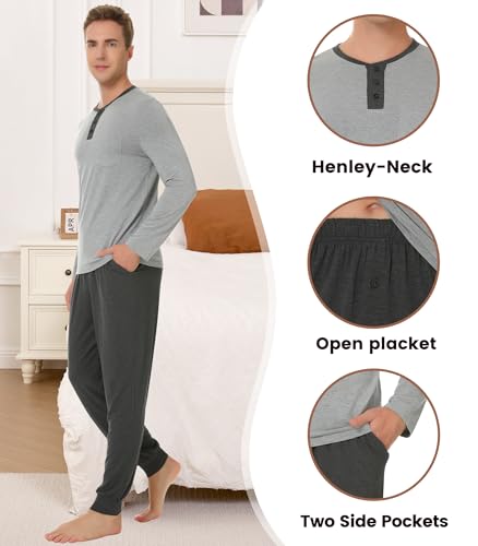 Image of NACHILA Mens Pajamas Set Long Sleeve Henley Sleepwear Top Soft Jogger Pants Pajamas Cool Pjs Set,Viscose Made from Bamboo