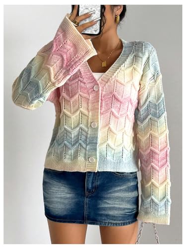 Image of MakeMeChic Women's Colorful V Neck Cardigan Sweater Long Sleeve Knit Cardigans Outerwear Pink Small